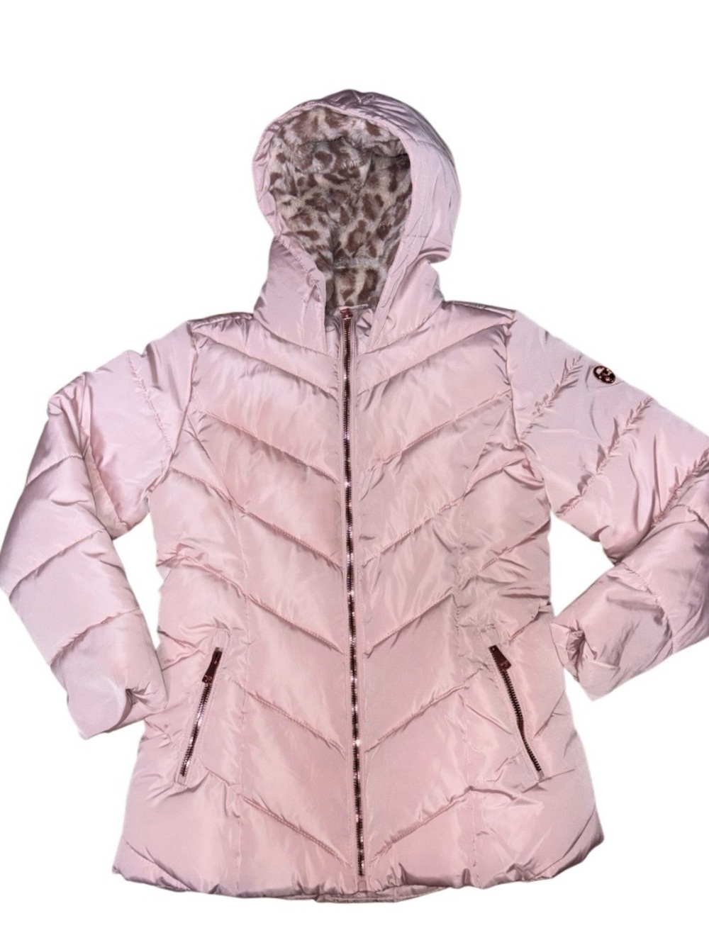 Kensie Girl Light Pink Hooded Chevron Puffer with Faux Leopard Lining